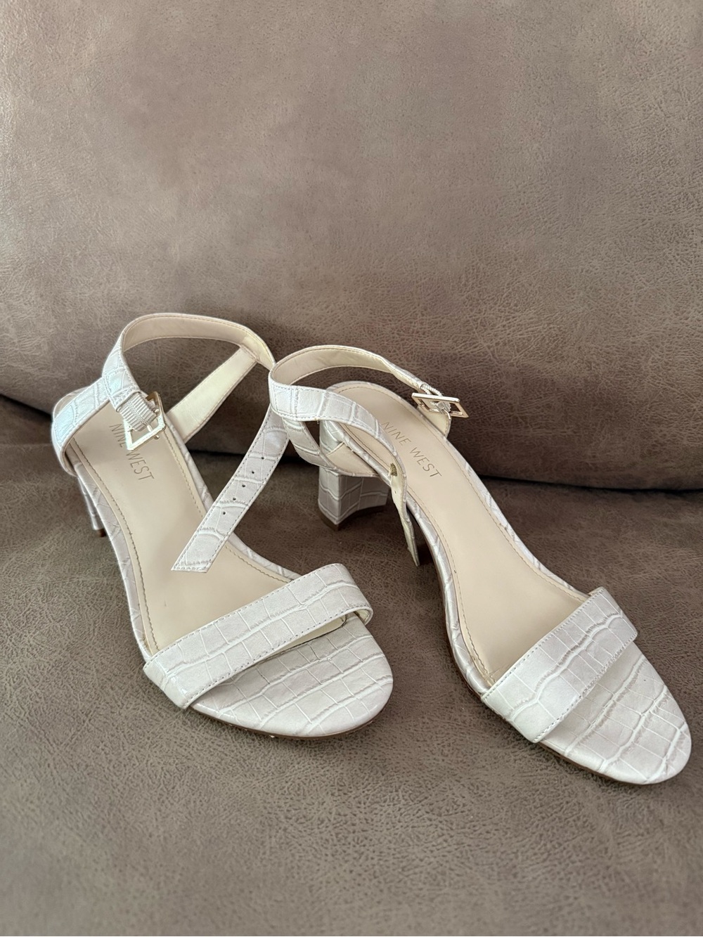Nine West Ivory Croc-Embossed Block Heel Sandals